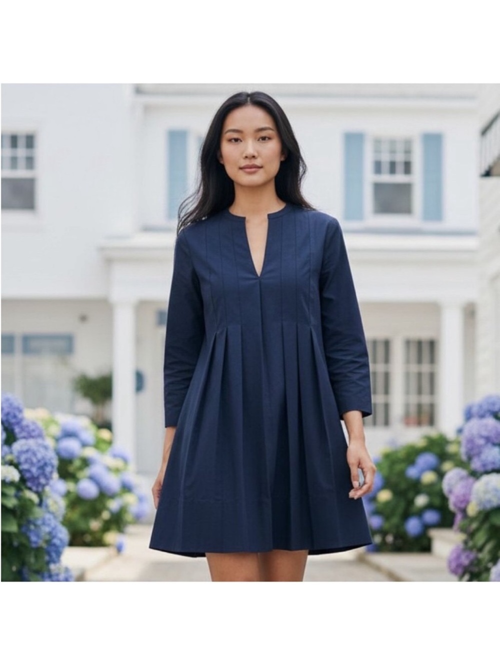 Tuckernuck Luella Dress Navy Pleated A Line Mini XXL Long Sleeves Cotton Pocket